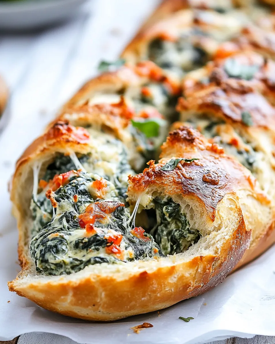 Quick Easy Spinach Dip Stuffed French Bread recipe image