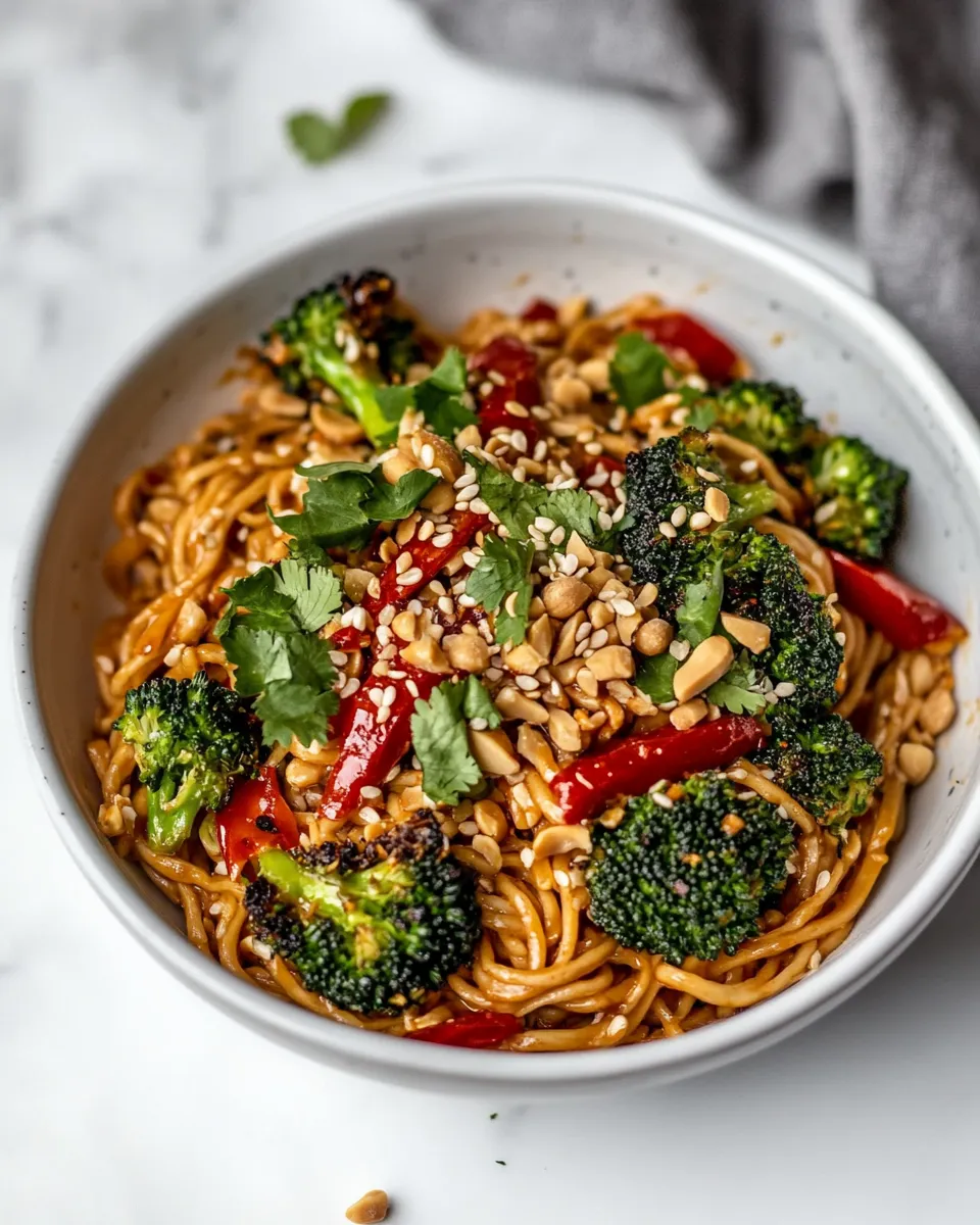 Ultimate Easy Weeknight Peanut Noodles with Roasted Broccoli. food shot