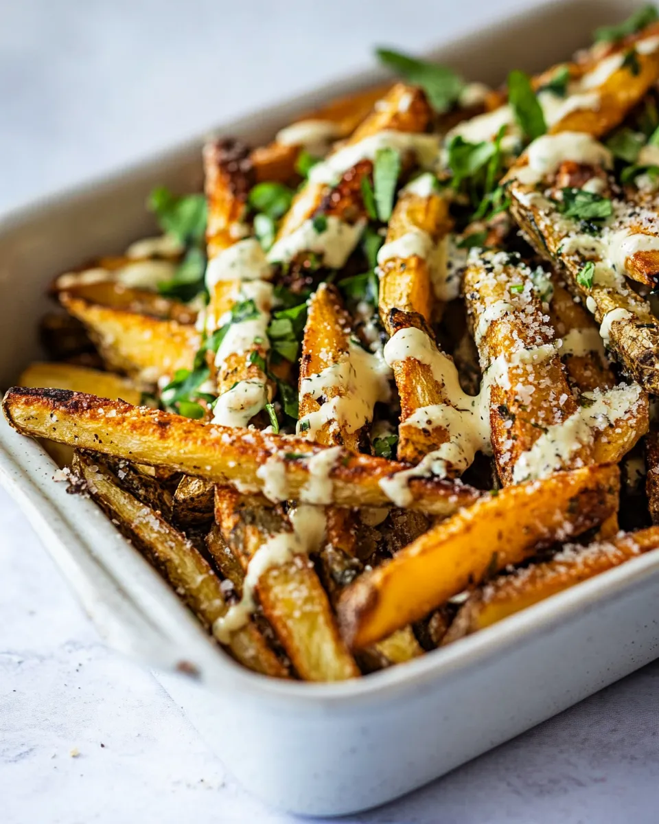 Savory Garlic Parmesan French Fries Dressed in Caesar Dressing. food shot