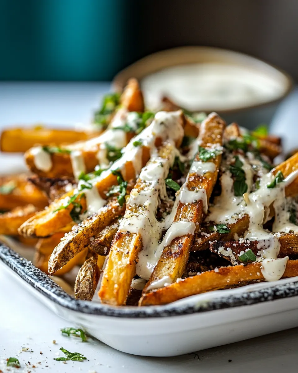 Simple Garlic Parmesan French Fries Dressed in Caesar Dressing. recipe image