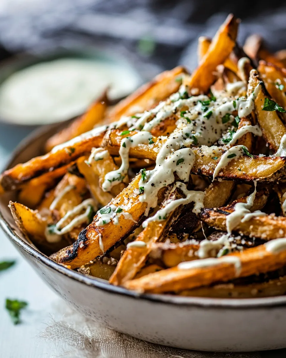 Classic Garlic Parmesan French Fries Dressed in Caesar Dressing. photo