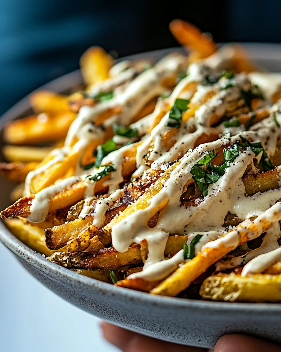 Savory Garlic Parmesan French Fries Dressed in Caesar Dressing. recipe photo