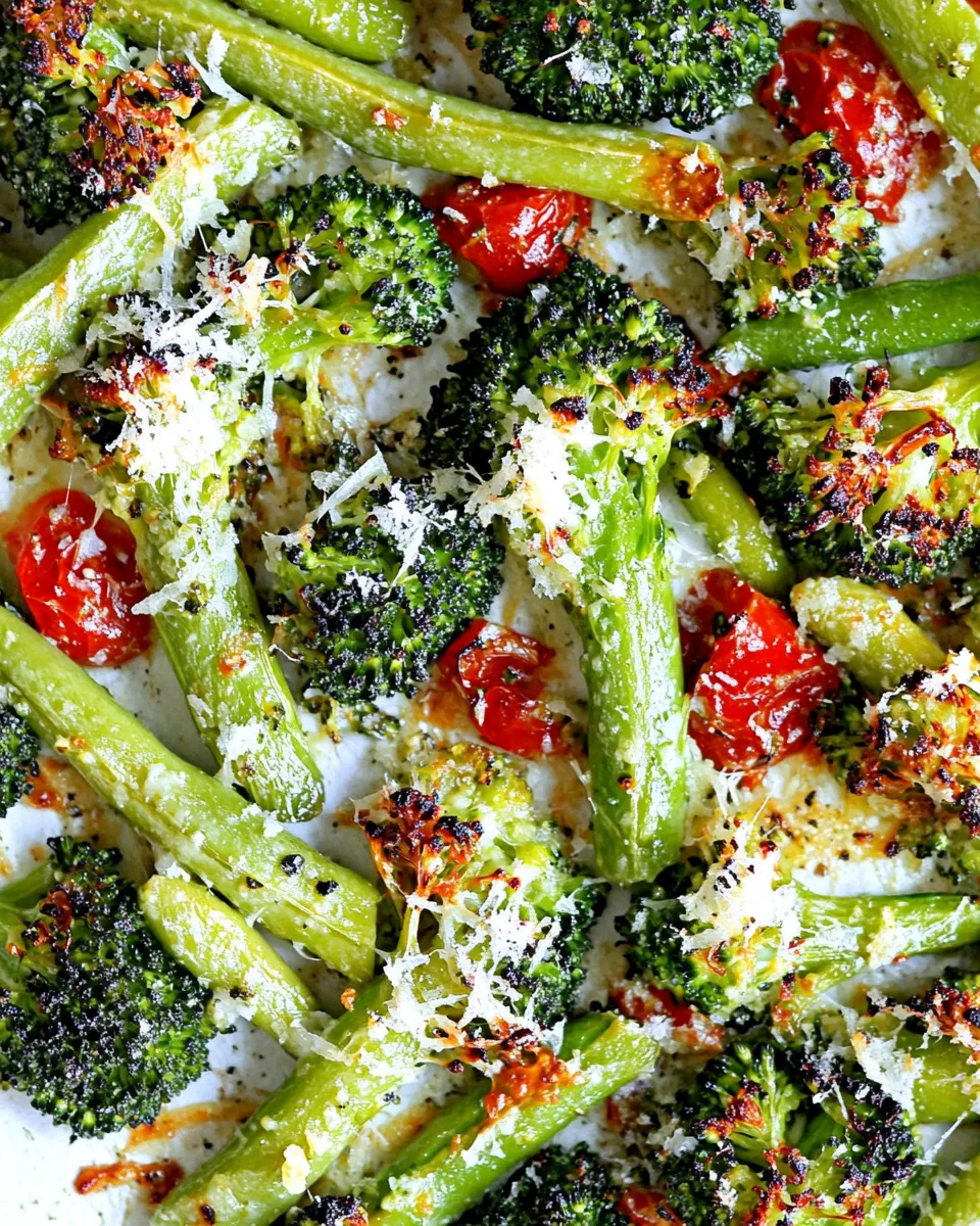 Delicious Garlic Parmesan Roasted Broccoli And Green Beans image