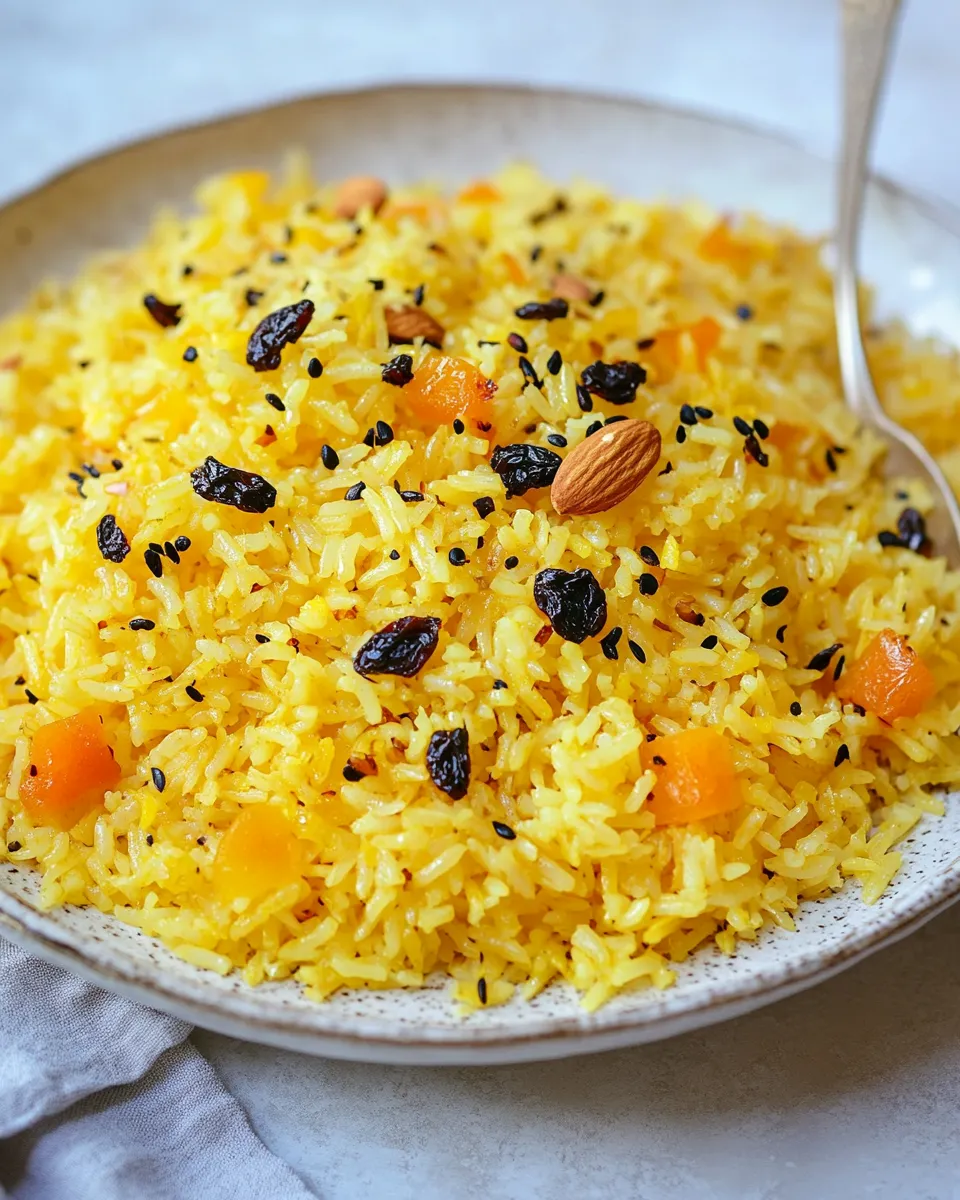 Homemade Golden Rice Pilaf with Dried Fruit and Almonds photo
