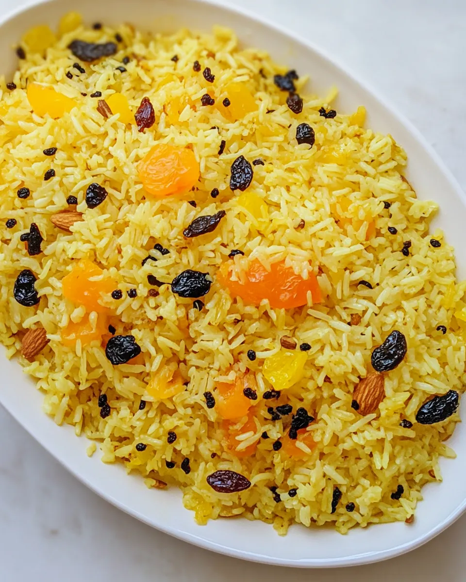 Delicious Golden Rice Pilaf with Dried Fruit and Almonds shot