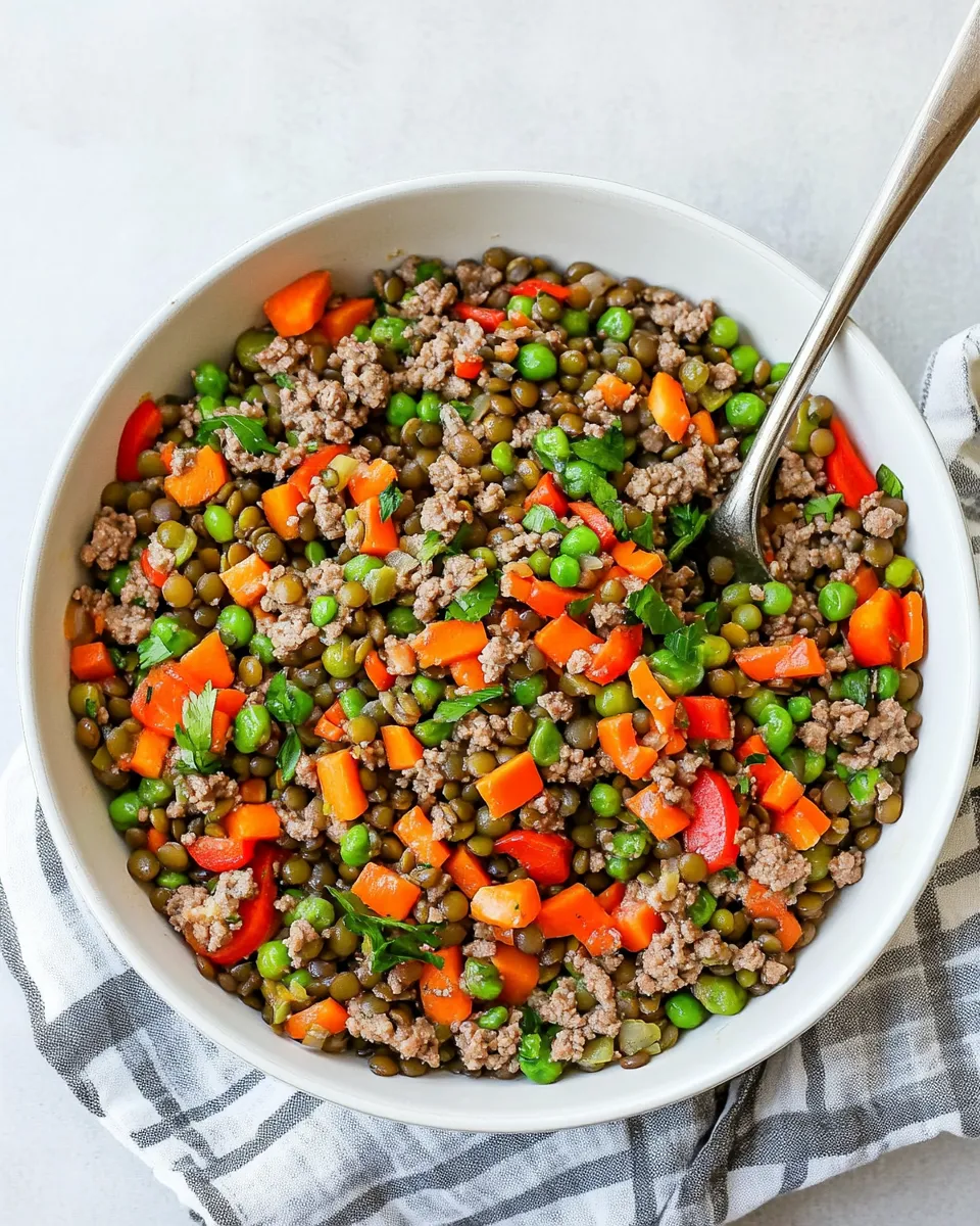 Savory Ground Beef and Lentil Skillet with Vegetables shot