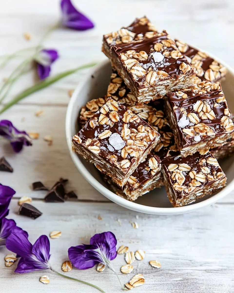 Amazing Healthy No-Bake Salted Dark Chocolate Chunk Oatmeal Cookie Bars. dish image