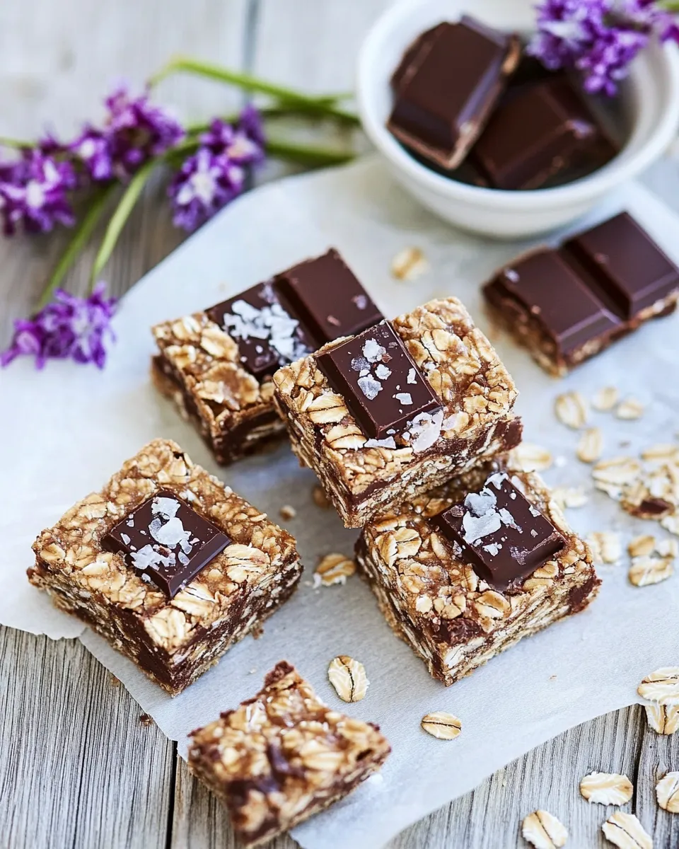 Healthy Healthy No-Bake Salted Dark Chocolate Chunk Oatmeal Cookie Bars. food shot