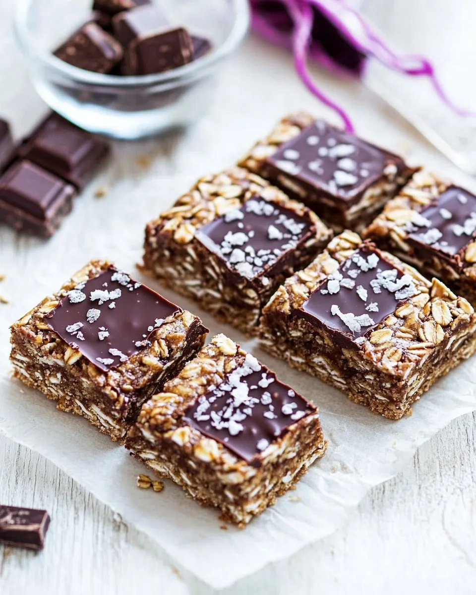 Easy Healthy No-Bake Salted Dark Chocolate Chunk Oatmeal Cookie Bars. recipe image