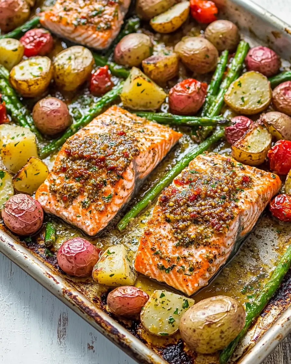 Quick Honey Mustard Salmon and Potatoes Sheet Pan Dinner recipe photo