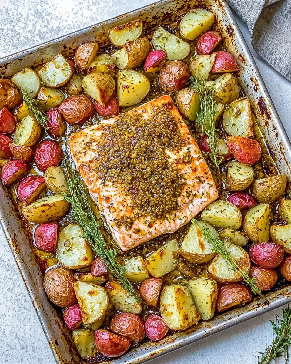 Savory Honey Mustard Salmon and Potatoes Sheet Pan Dinner dish photo