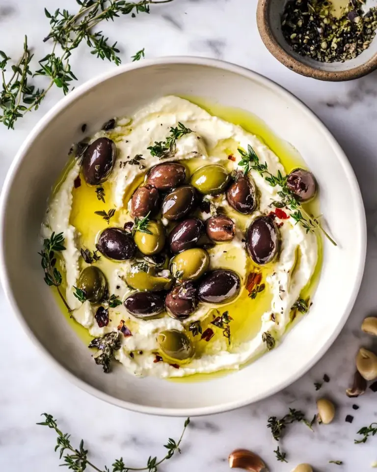 Healthy Honey Whipped Feta with Garlic Herb Roasted Olives. food shot