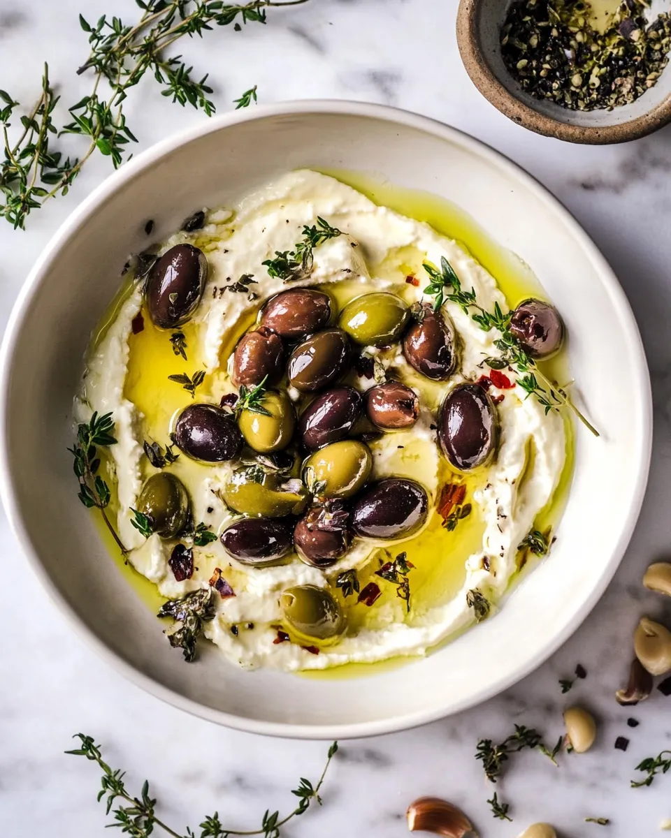 Healthy Honey Whipped Feta with Garlic Herb Roasted Olives. food shot