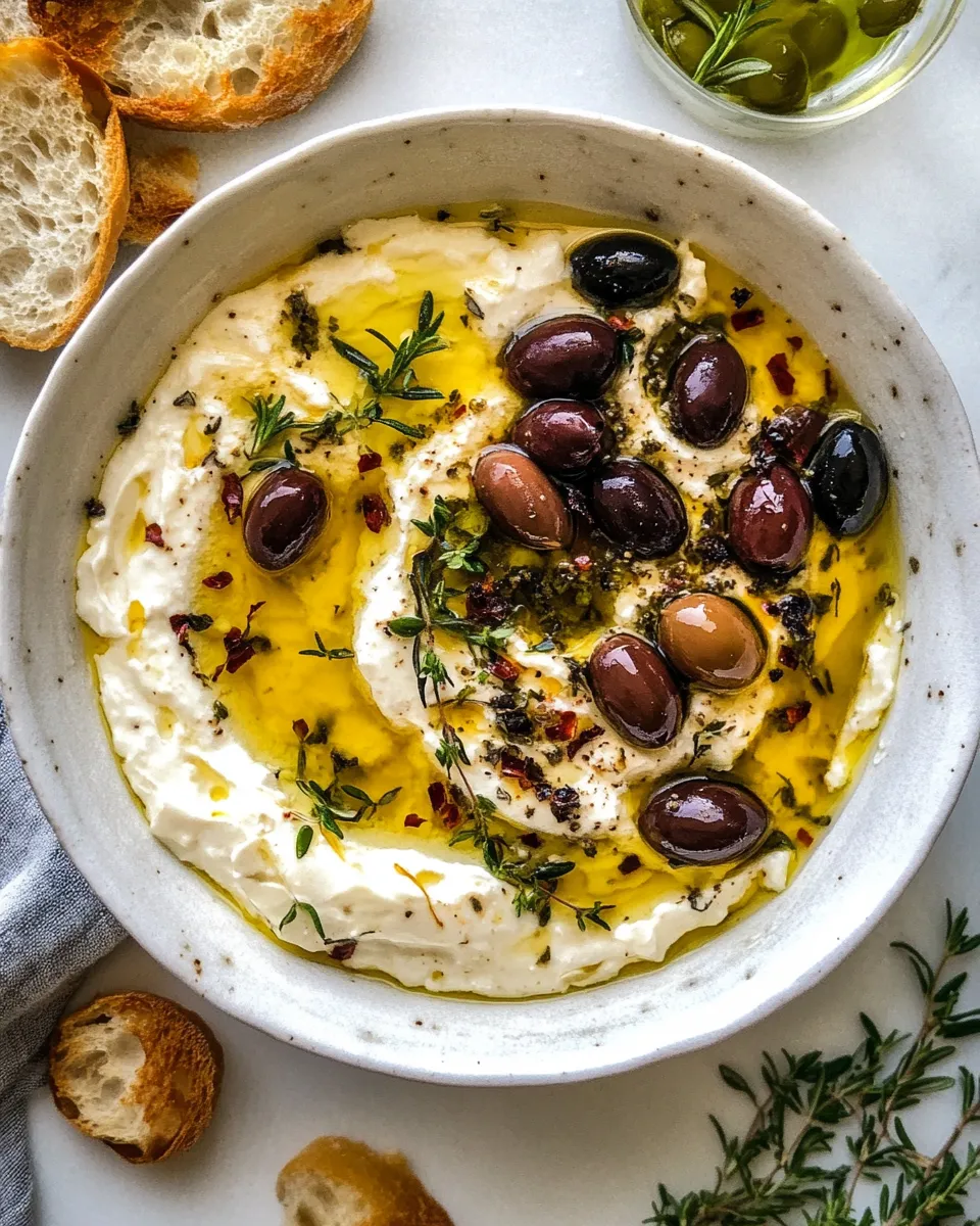 Fresh Honey Whipped Feta with Garlic Herb Roasted Olives. recipe image