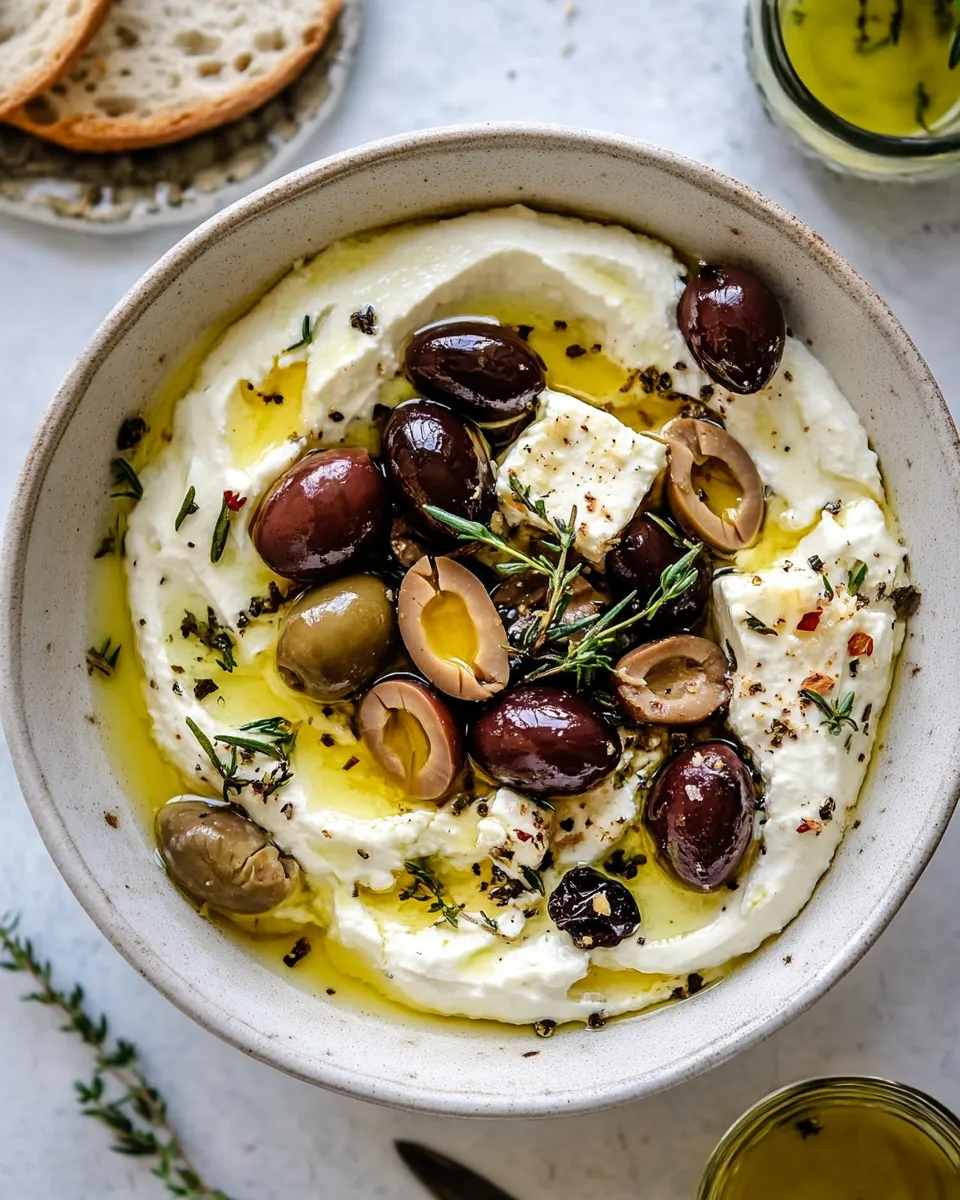 Sweet Honey Whipped Feta with Garlic Herb Roasted Olives. shot