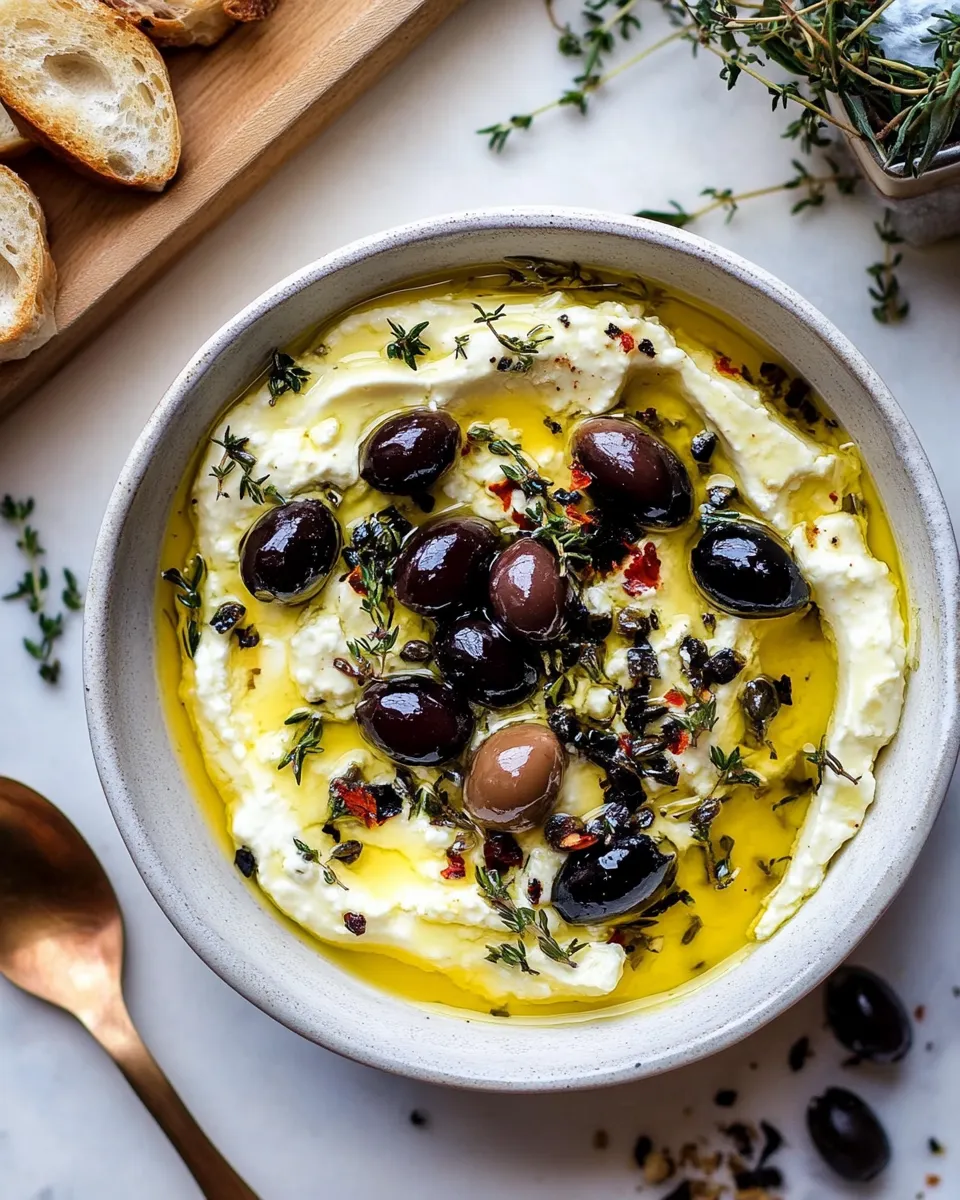 Healthy Honey Whipped Feta with Garlic Herb Roasted Olives. shot
