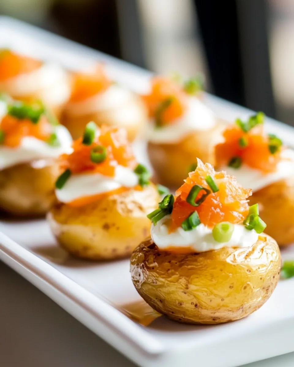 Homemade Mini Baked Potatoes with Sour Cream and Smoked Salmon photo
