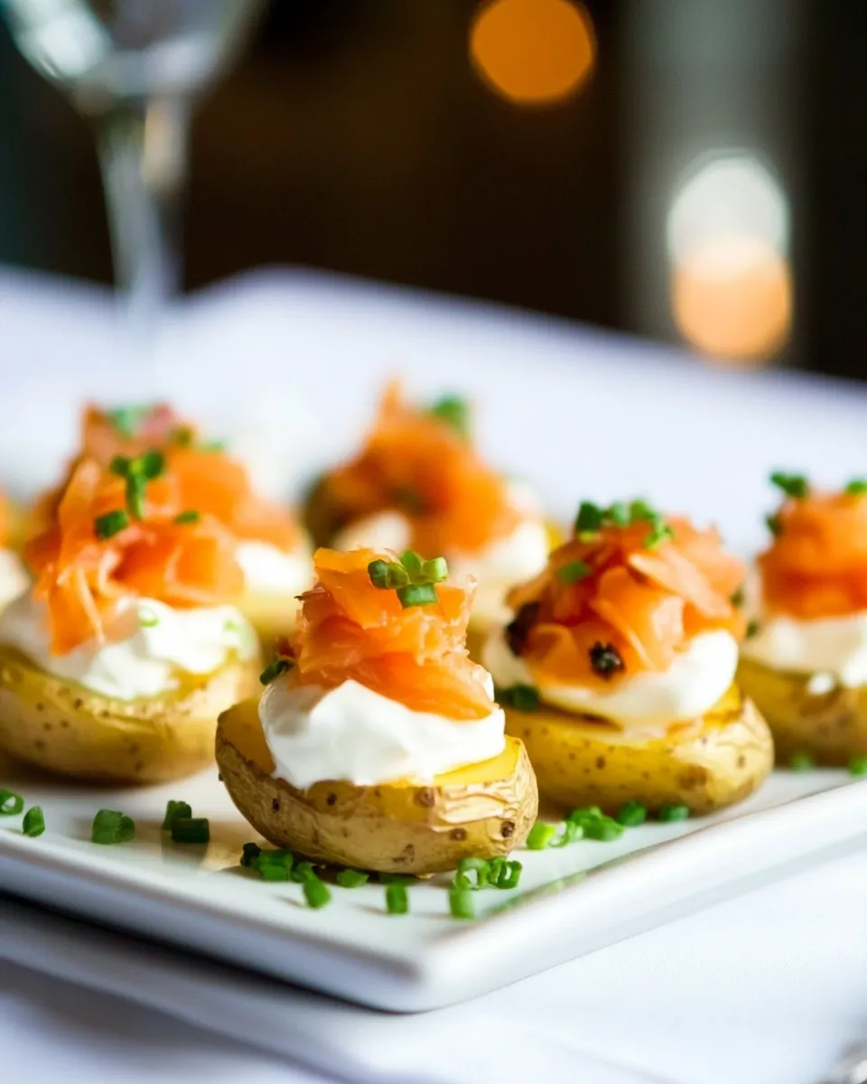 Classic Mini Baked Potatoes with Sour Cream and Smoked Salmon image