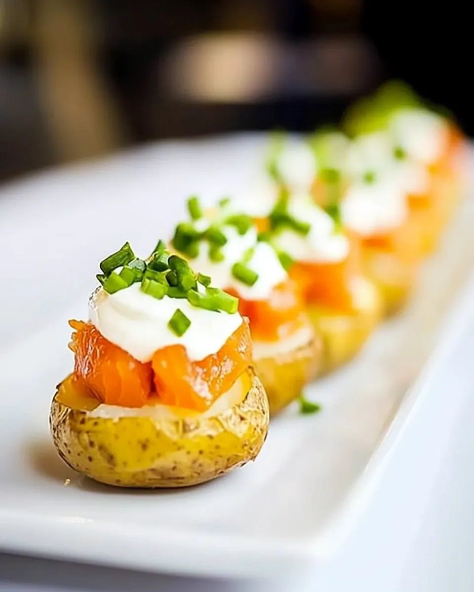 Delicious Mini Baked Potatoes with Sour Cream and Smoked Salmon dish photo