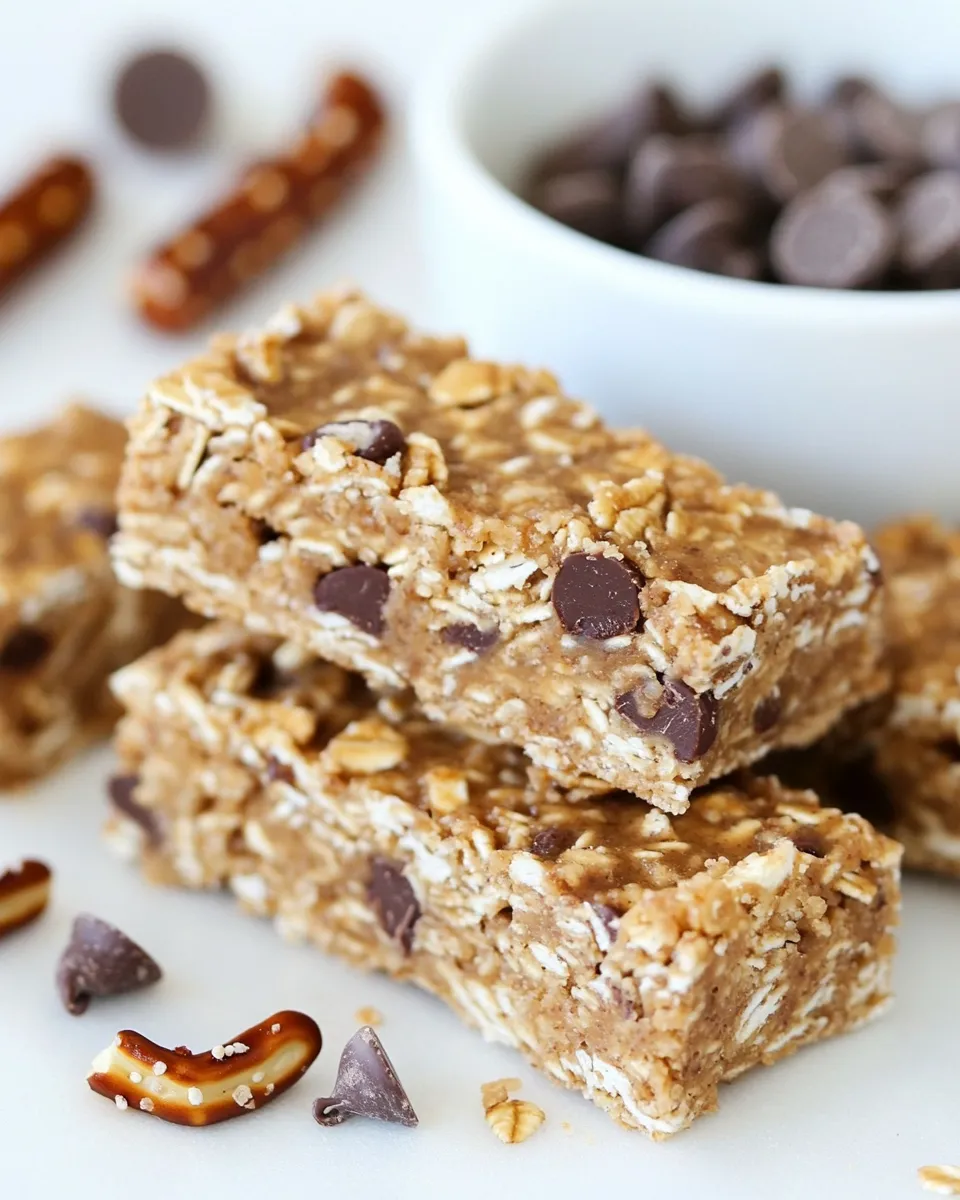 Quick No-Bake Peanut Butter Pretzel Chocolate Chip Granola Bars shot