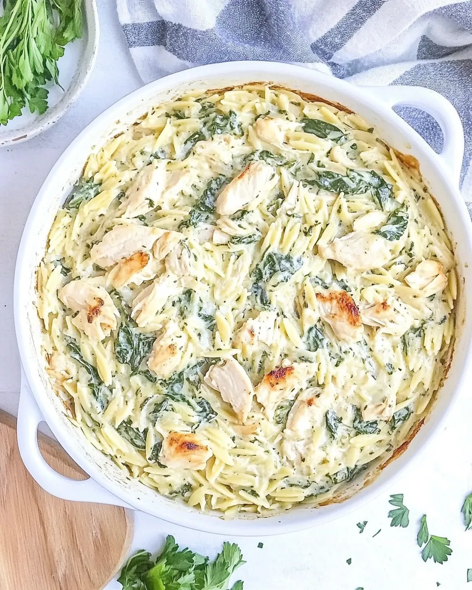 Healthy One Pot Spinach Artichoke Chicken Orzo dish photo