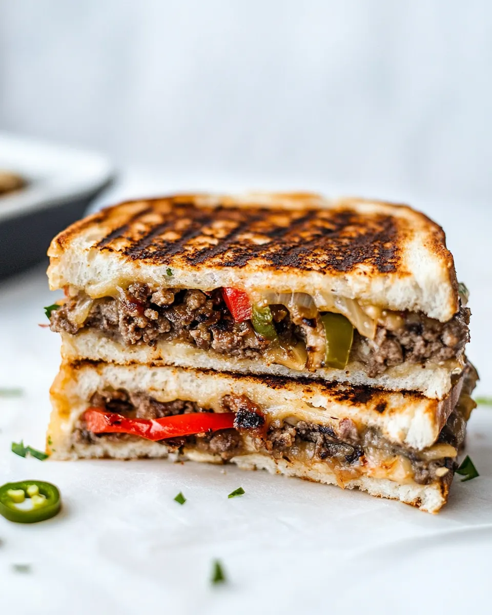 Delicious Patty Melt with Caramelized Red Pepper, Jalapeno and Onion shot