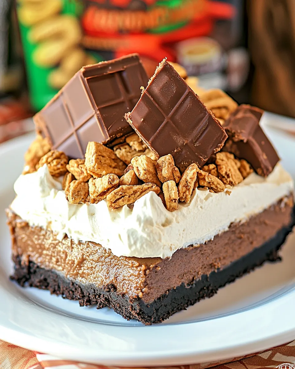 Homemade Peanut Butter Crunch Brownie Mousse Pie photo