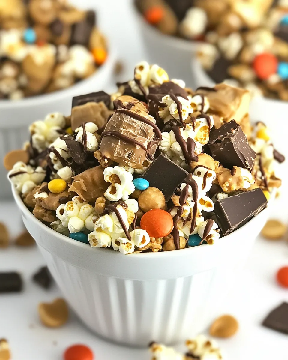 Delicious Peanut Butter and Chocolate Popcorn Crunch Mix shot