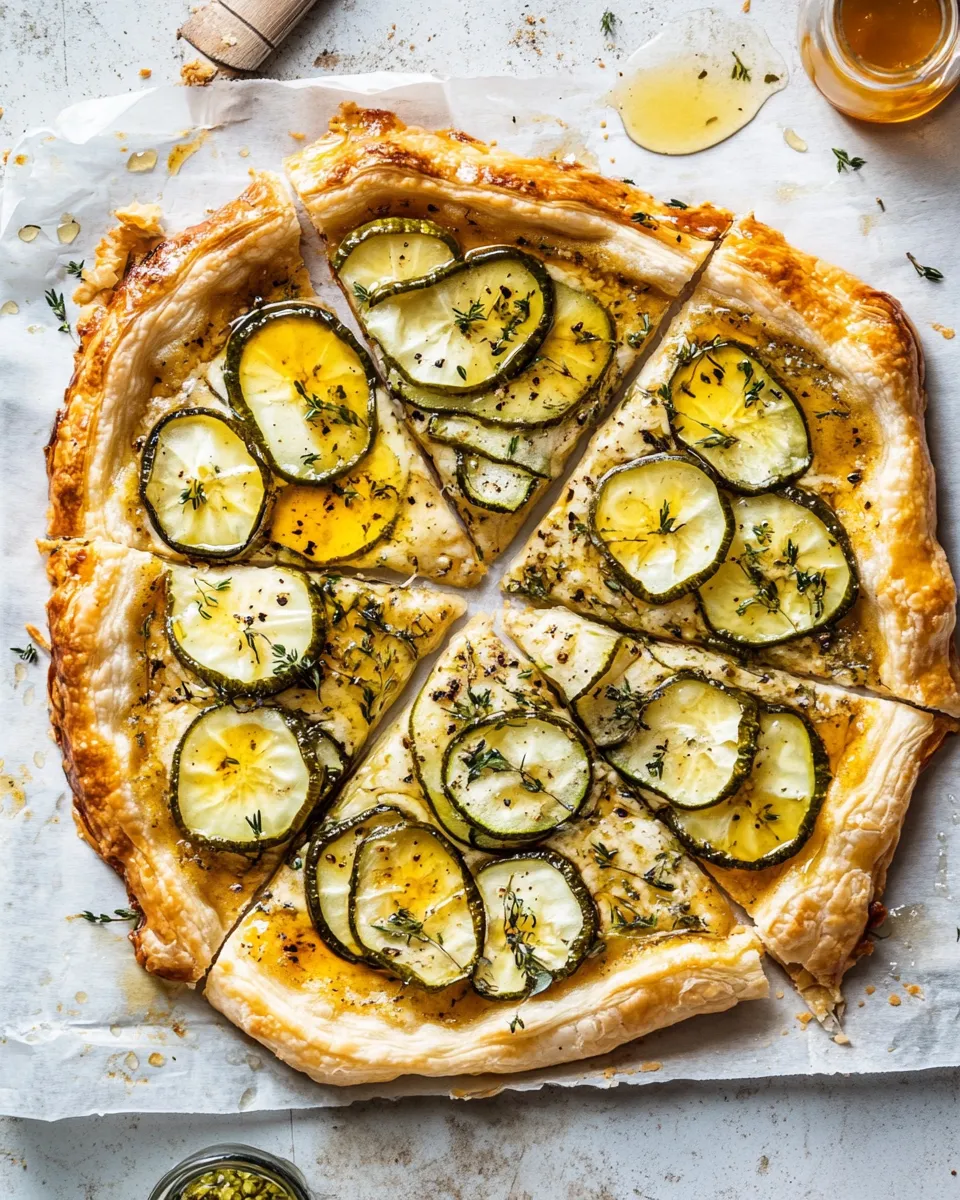 Delicious Pickle Lovers Puff Pastry Pizza with Hot Honey. dish image