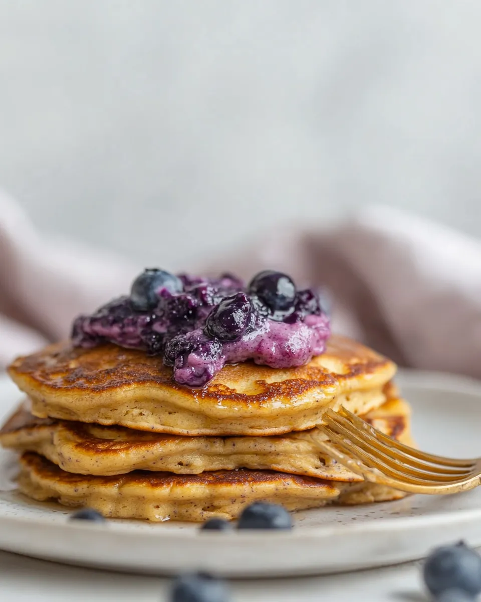 Fresh Ricotta Pancakes with Salted Blueberry Butter. food shot