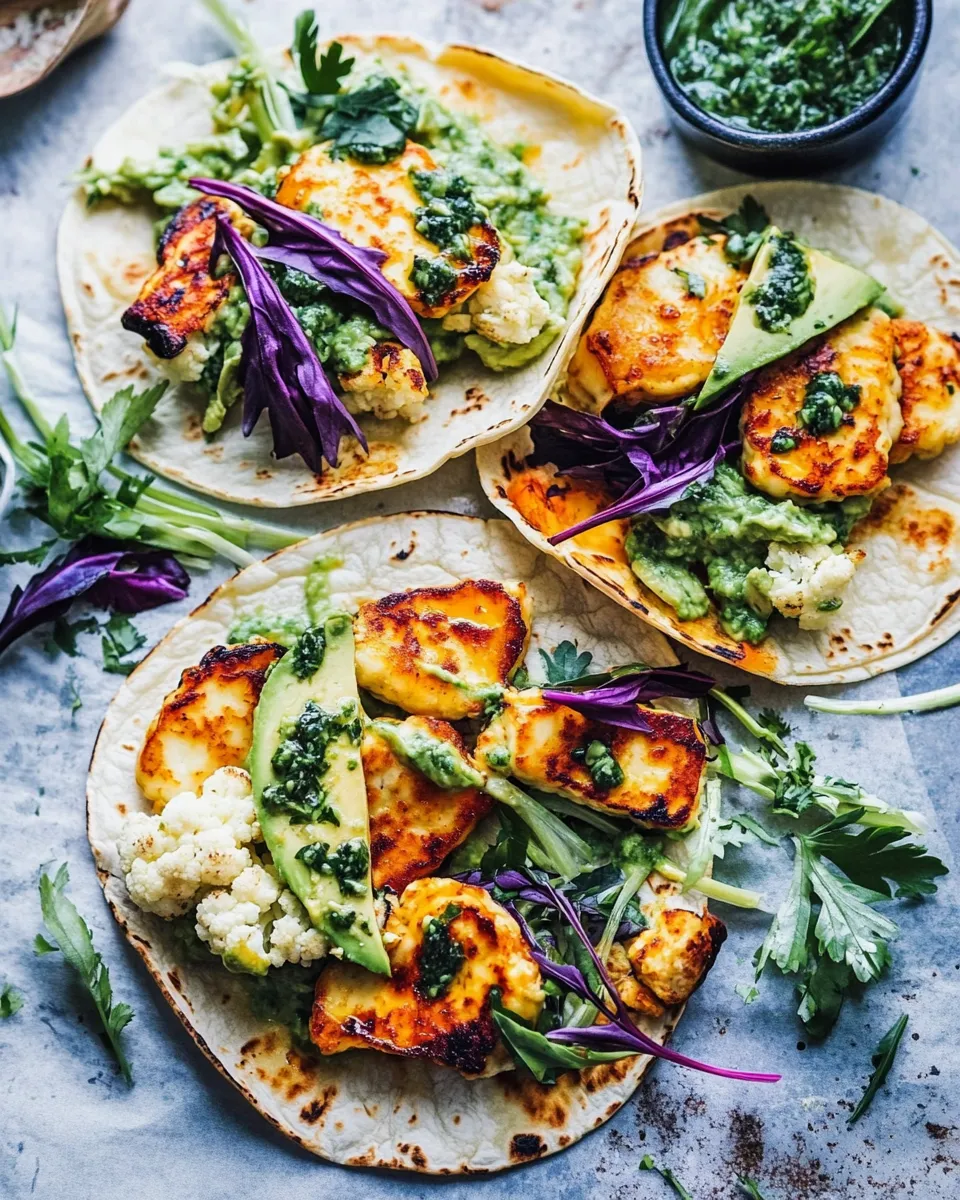 Quick Roasted Cauliflower Fried Halloumi Tacos with Spicy Avocado Basil Salsa. recipe photo