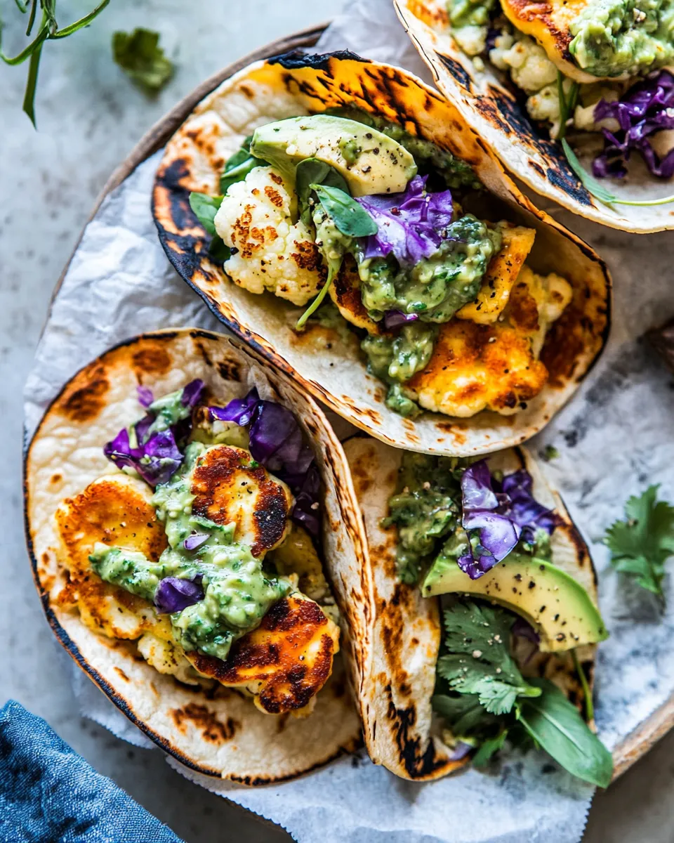 Sweet Roasted Cauliflower Fried Halloumi Tacos with Spicy Avocado Basil Salsa. photo