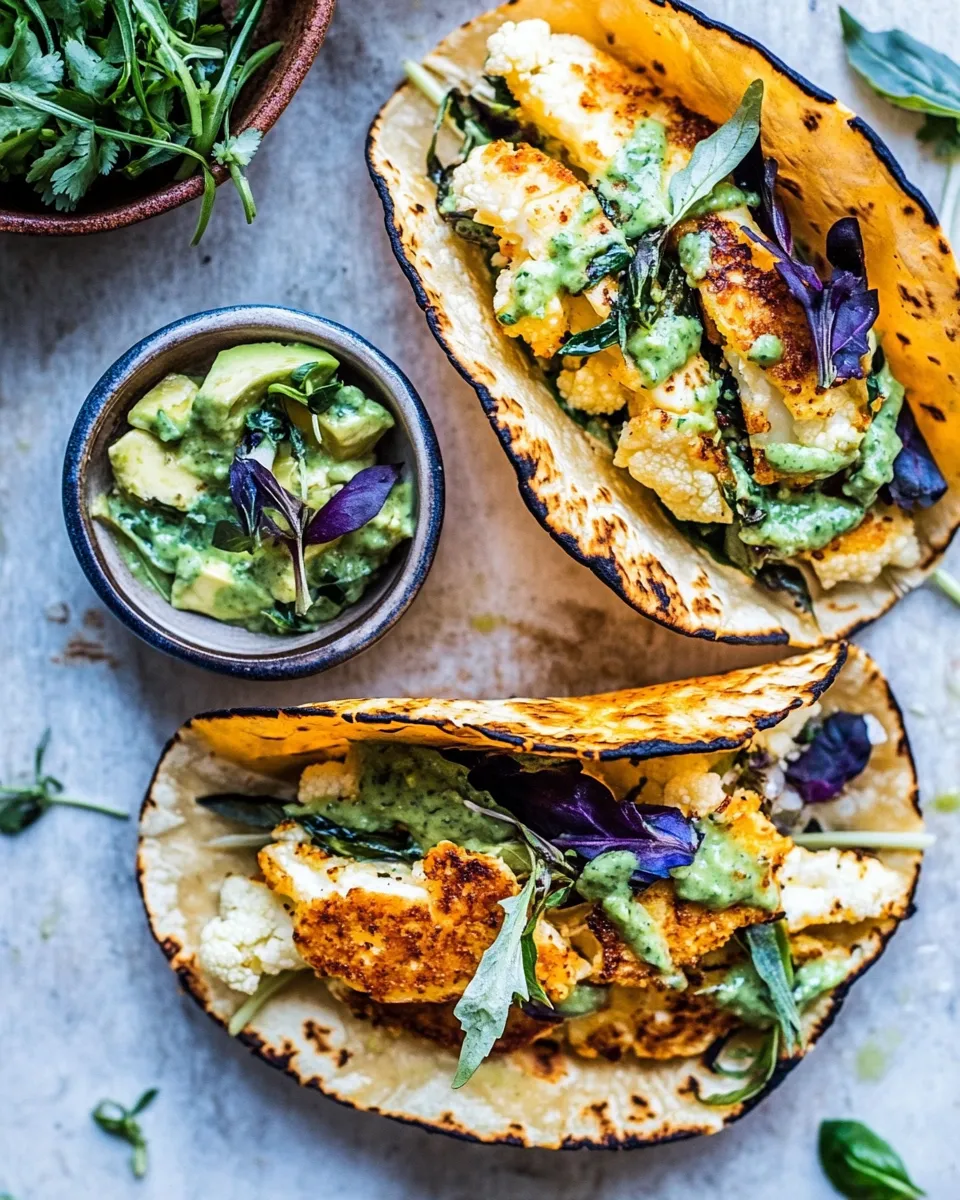 Simple Roasted Cauliflower Fried Halloumi Tacos with Spicy Avocado Basil Salsa. recipe image