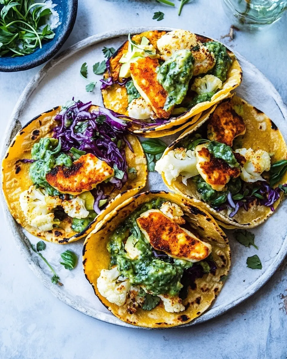 Tasty Roasted Cauliflower Fried Halloumi Tacos with Spicy Avocado Basil Salsa. recipe image