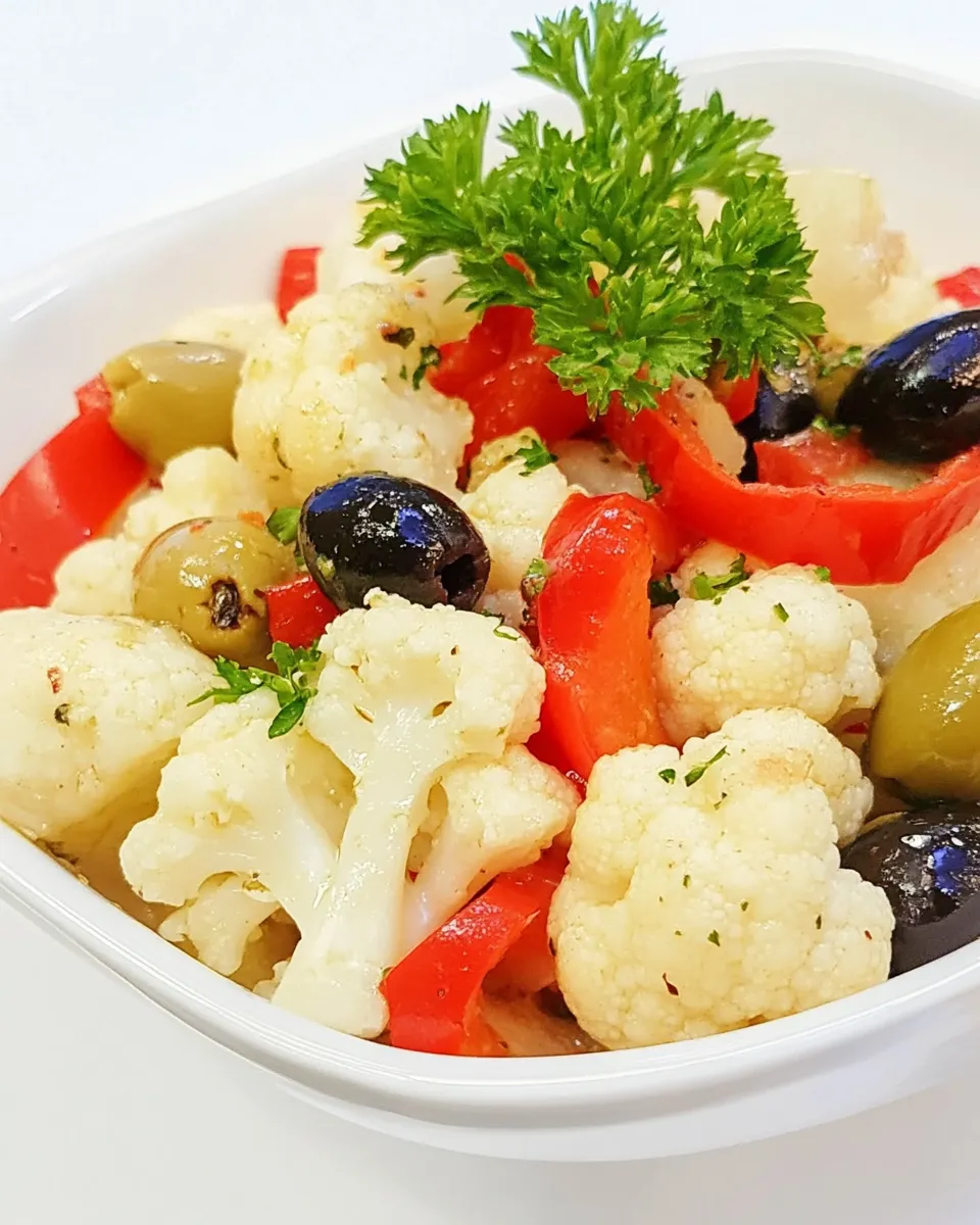 Delicious Roasted Cauliflower and Red Peppers with Olives shot