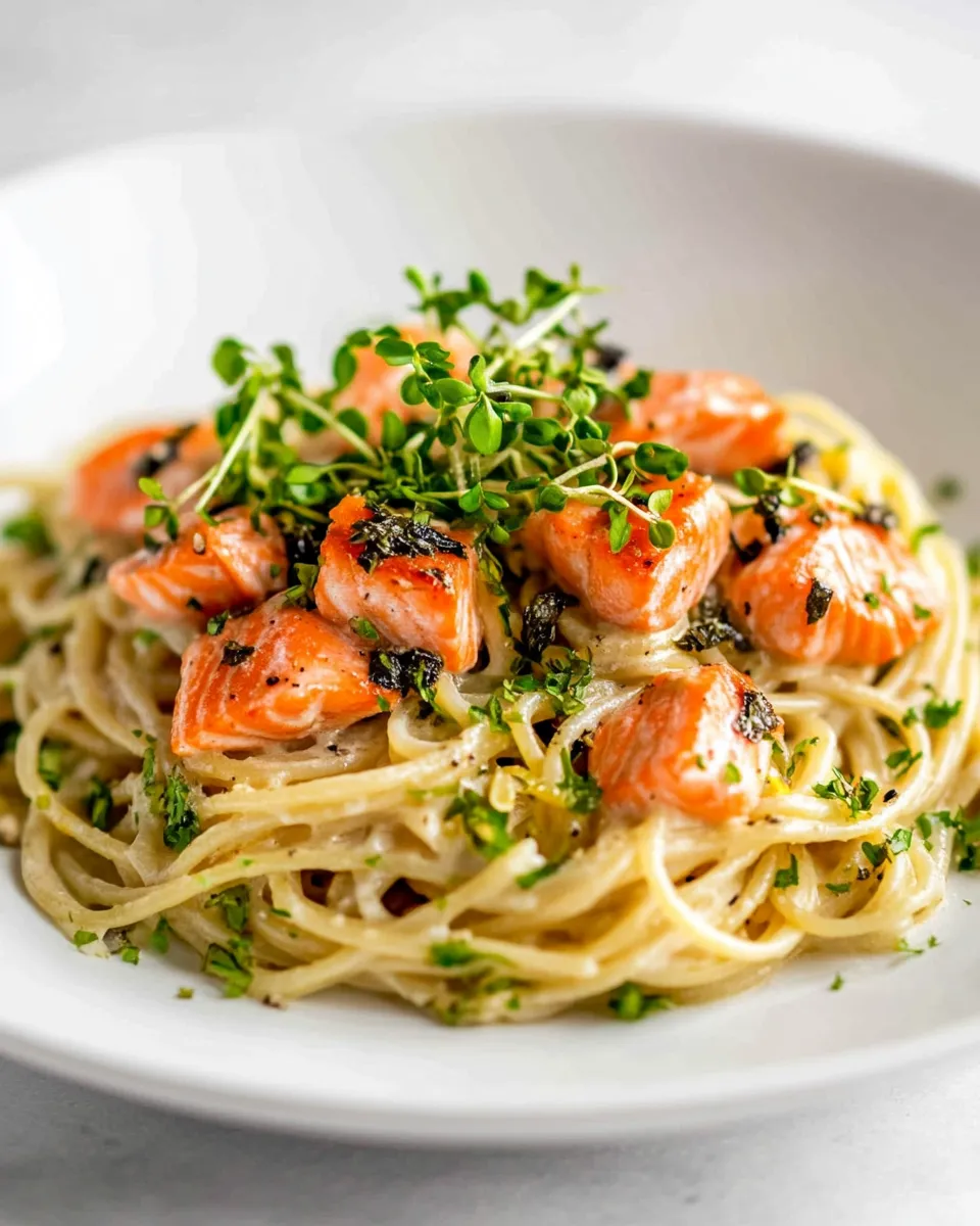 Easy Salmon Spaghetti with Lemon Garlic Sauce dish photo