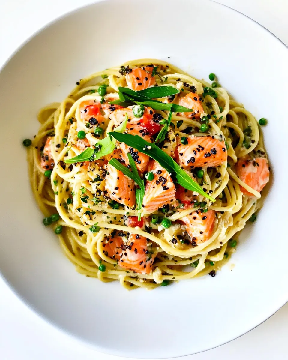 Delicious Salmon Spaghetti with Lemon Garlic Sauce food shot