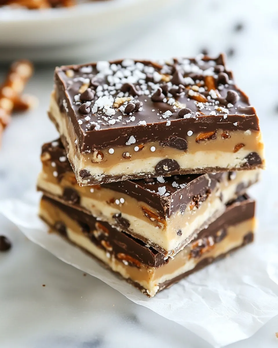Homemade Salted Pretzel Chocolate Chip Cookie Dough Snickers Bars recipe image