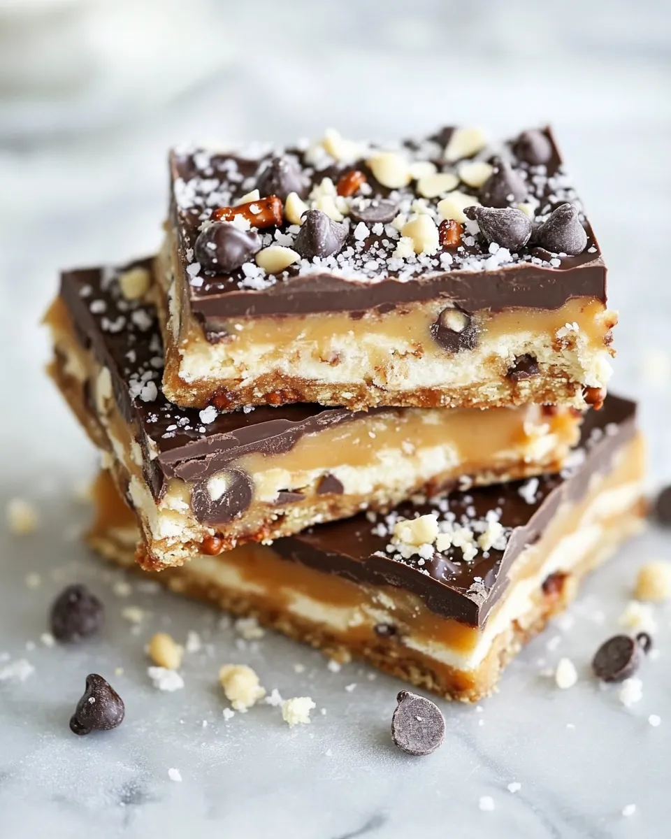 Easy Salted Pretzel Chocolate Chip Cookie Dough Snickers Bars food shot