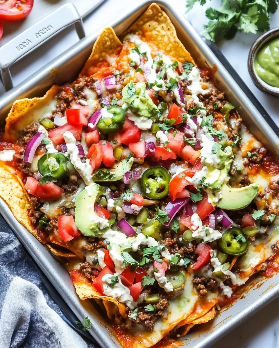 Ultimate Sheet Pan Green Chile Beef Nachos. food shot