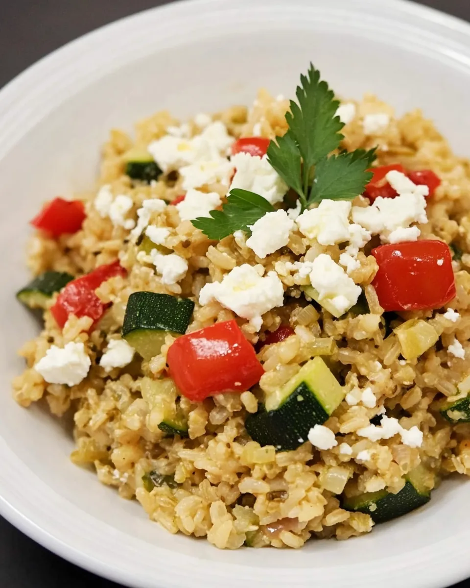 Healthy Slow Cooker Brown Rice (with Veggies and Feta) image