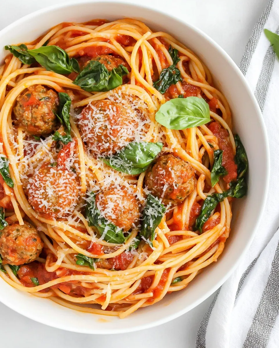 Delicious Spaghetti with Turkey Meatballs in Spicy Tomato Sauce shot