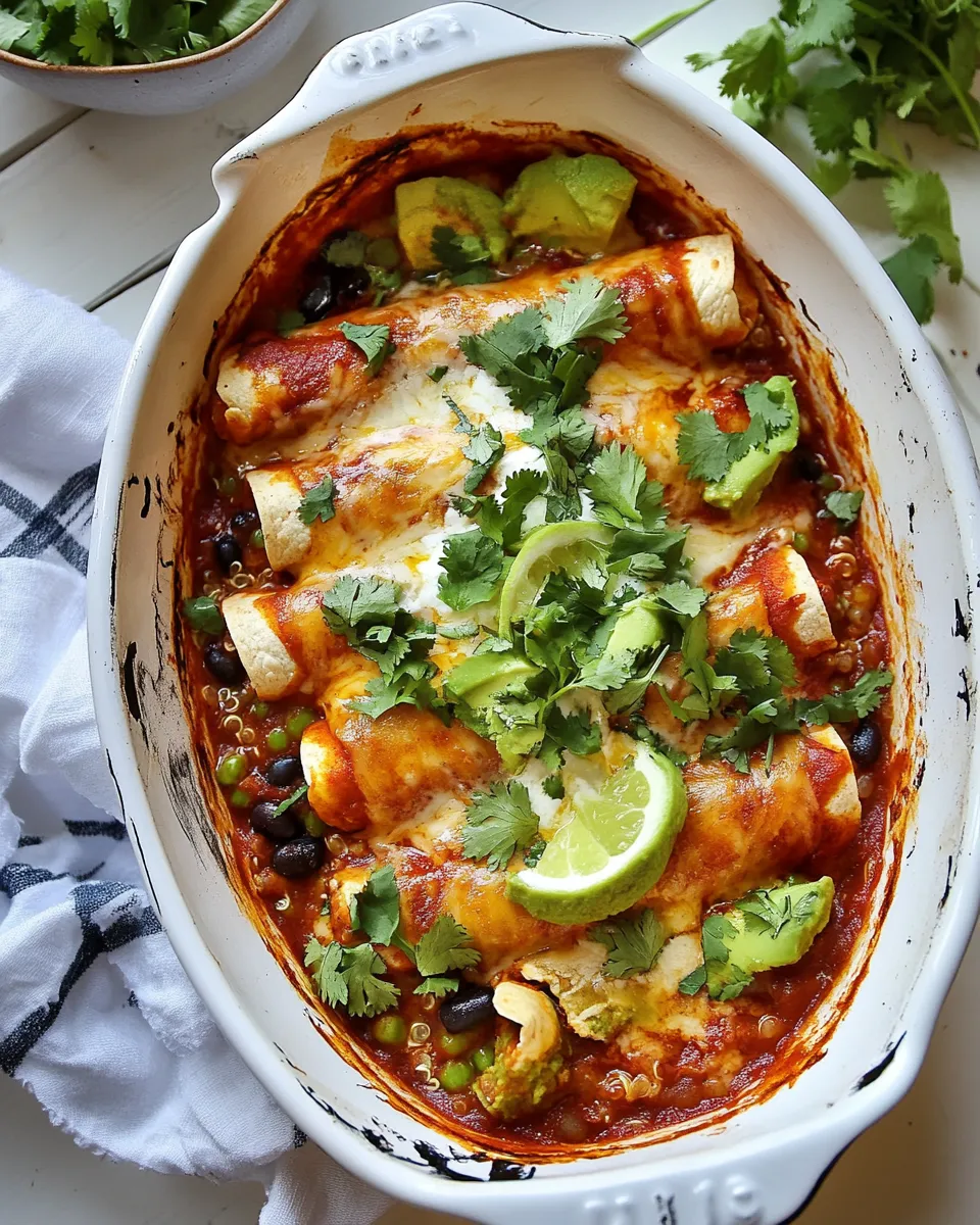 Easy Spicy Poblano, Black Bean, and Quinoa Enchiladas. food shot