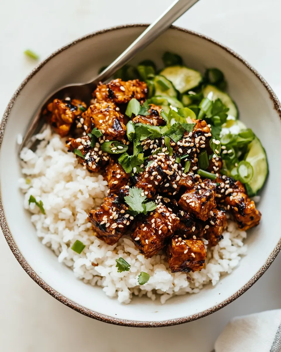 Savory Sticky Ginger Tempeh with Coconut Rice dish photo