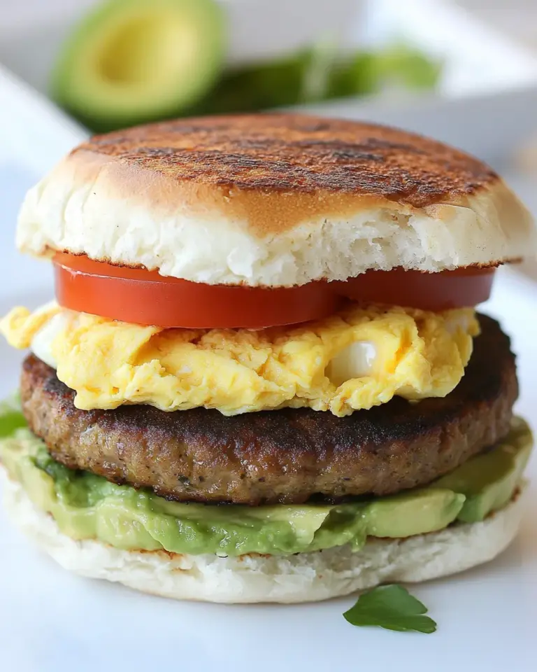 Homemade Veggie Sausage, Egg, and Avocado Breakfast Burger photo