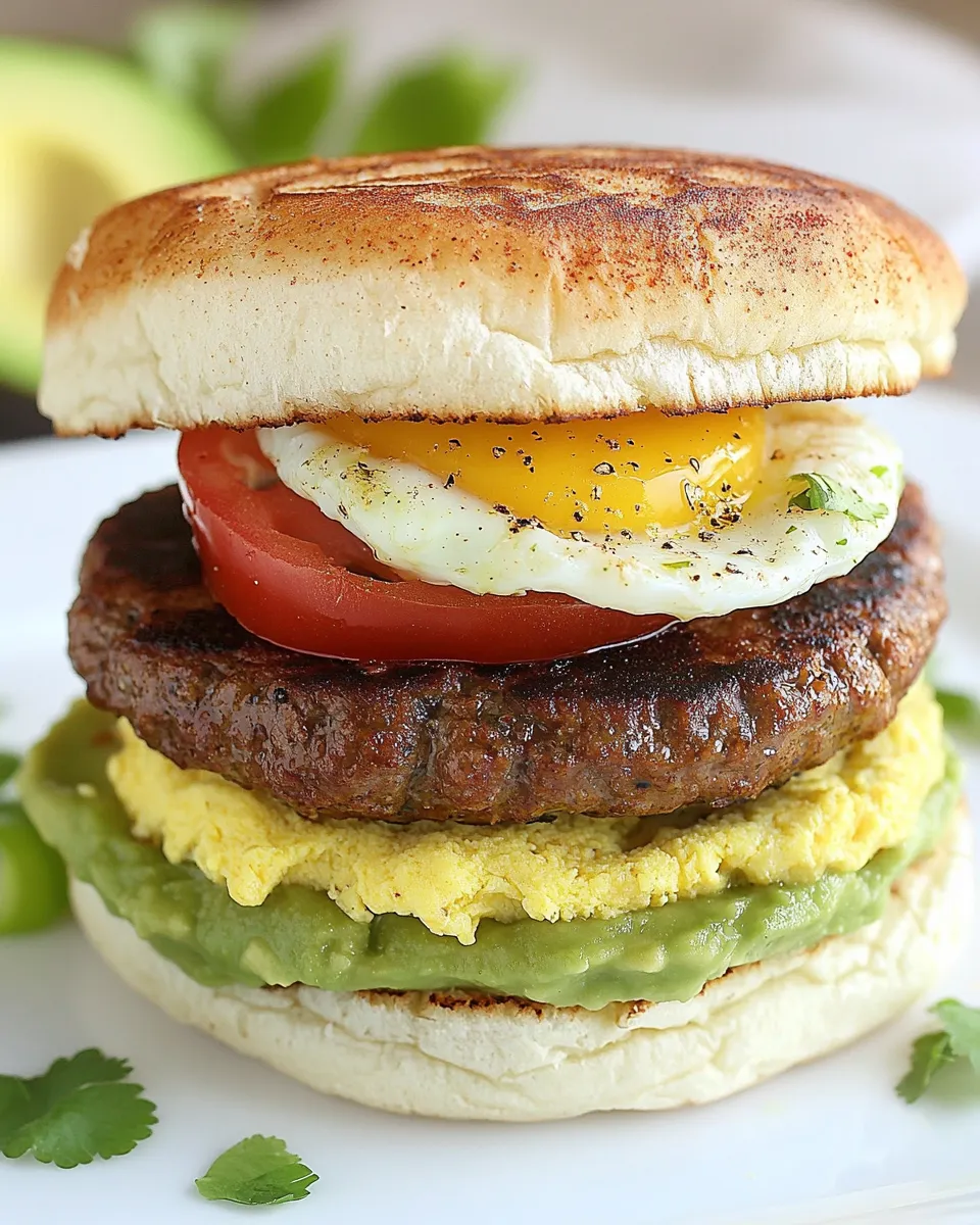 Easy Veggie Sausage, Egg, and Avocado Breakfast Burger recipe photo