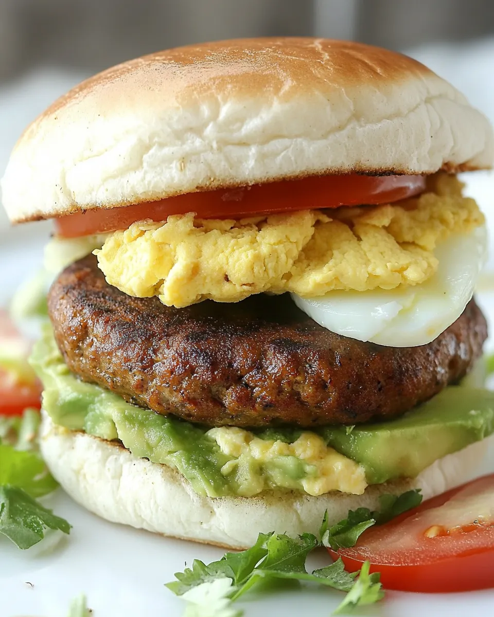Delicious Veggie Sausage, Egg, and Avocado Breakfast Burger shot