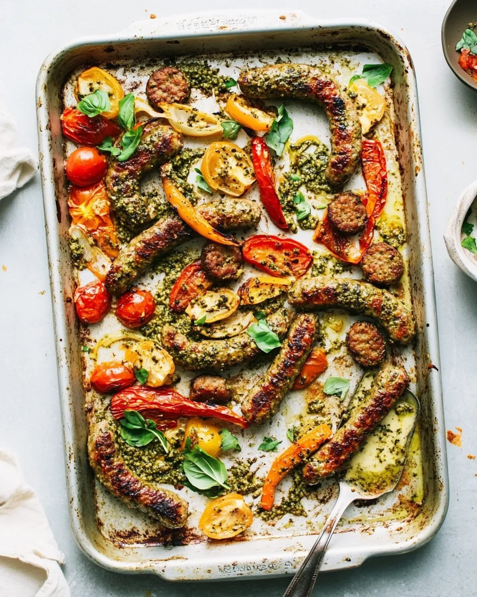 Easy Veggie Sausage Sheet Pan Dinner with Pesto Cream photo