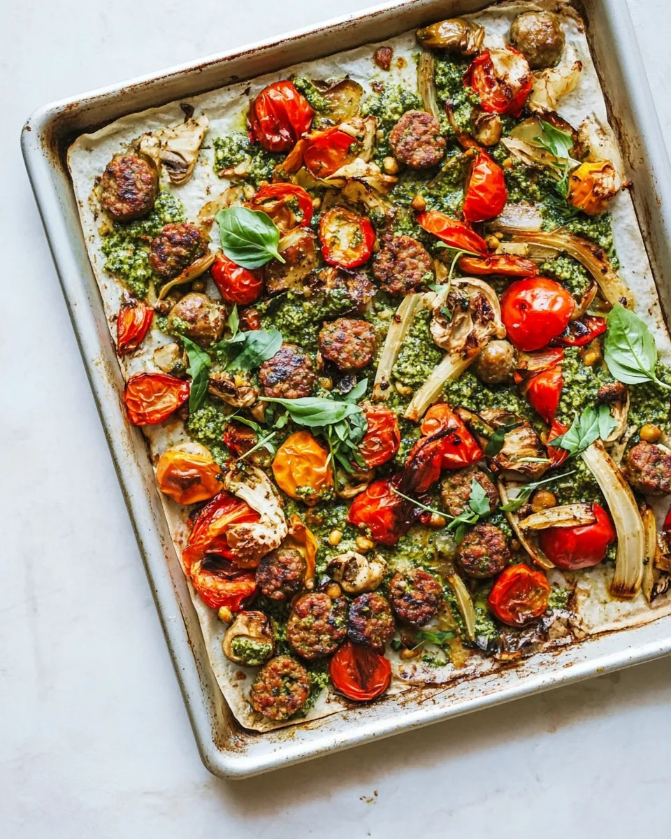 Healthy Veggie Sausage Sheet Pan Dinner with Pesto Cream recipe photo