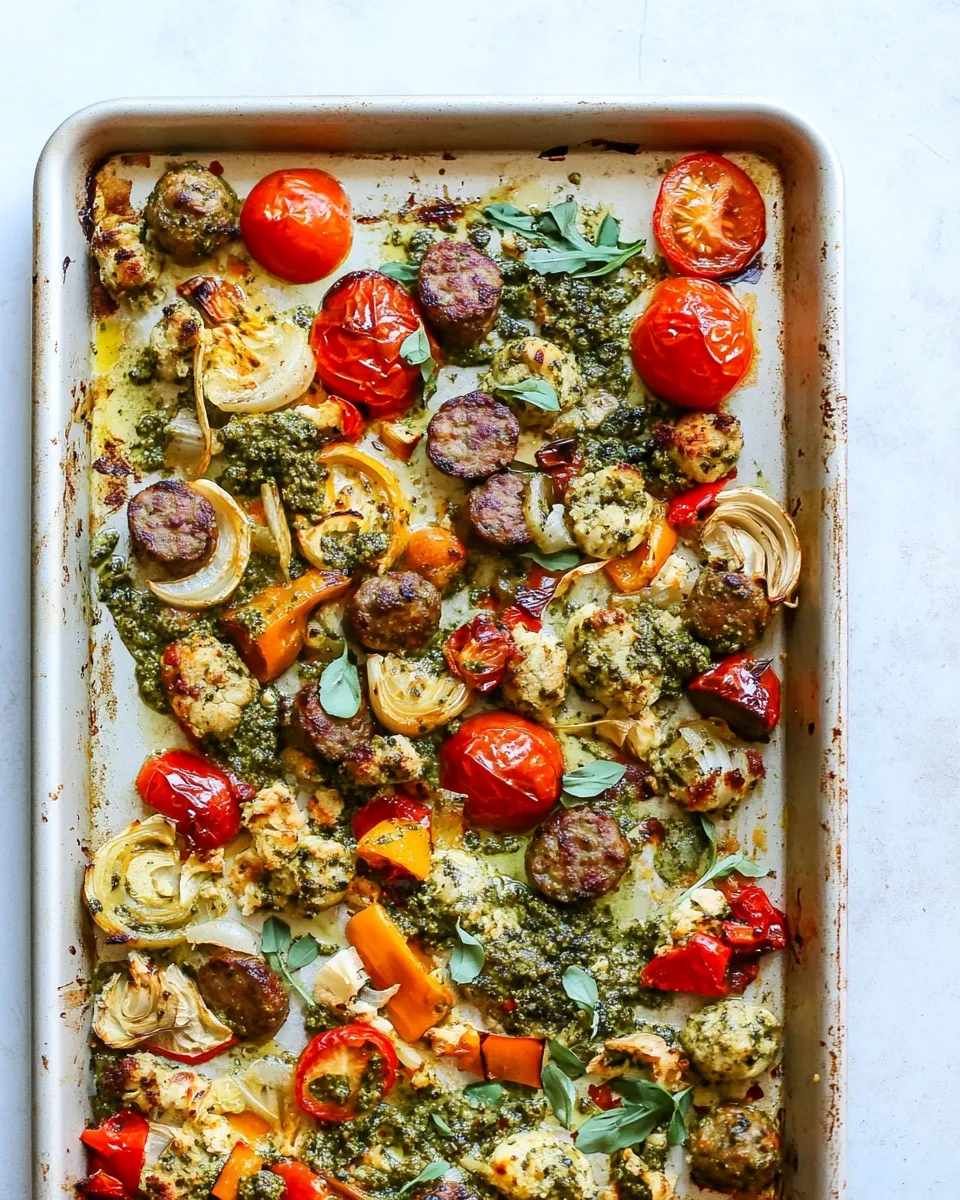 Quick Veggie Sausage Sheet Pan Dinner with Pesto Cream shot